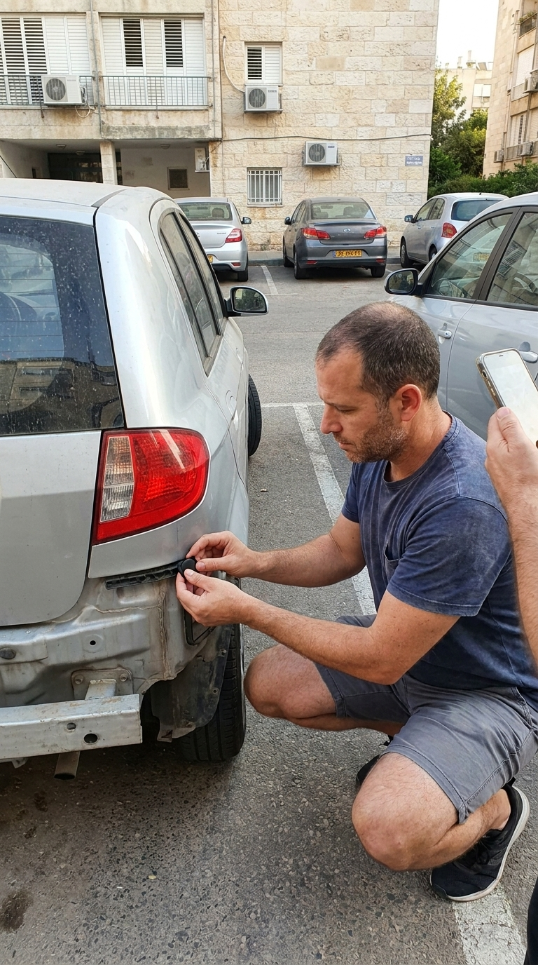 הדמיה: אדן מצמיד את התג המגנטי לחלקו האחורי של רכב