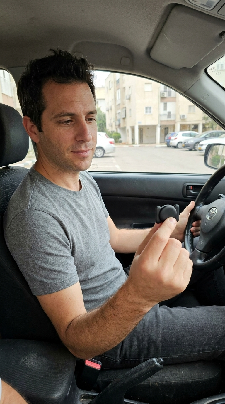 הדמיה: אדם אוחז בתג המגנטי בתוך רכב