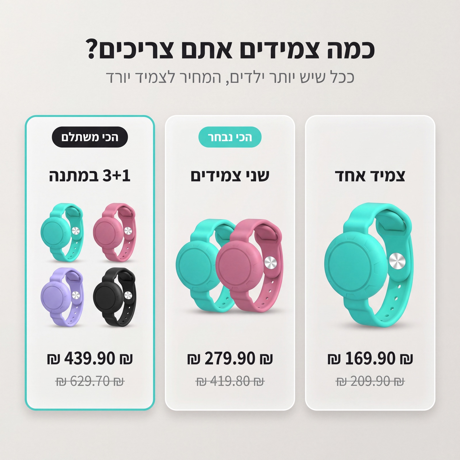חבילות הצמידים: צמיד אחד, שני צמידים ו־3+1 במתנה, בארבעה צבעים