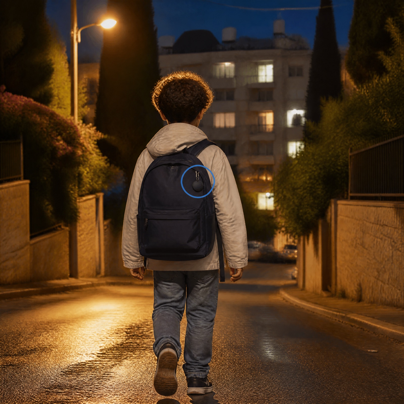 ילד עם תיק בית ספר כחול הולך ברחוב מואר בלילה, והמאתר של Luvreza תלוי על רוכסן התיק ומסומן בעיגול כחול